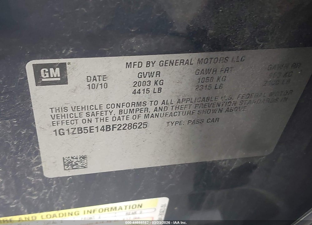 2011 CHEVROLET MALIBU LS VIN: 1G1ZB5E14BF228625