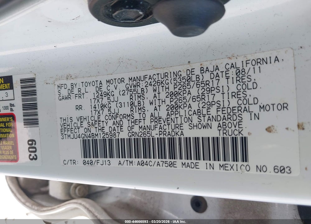 2011 TOYOTA TACOMA PRERUNNER V6 VIN: 3TMJU4GN4BM125987