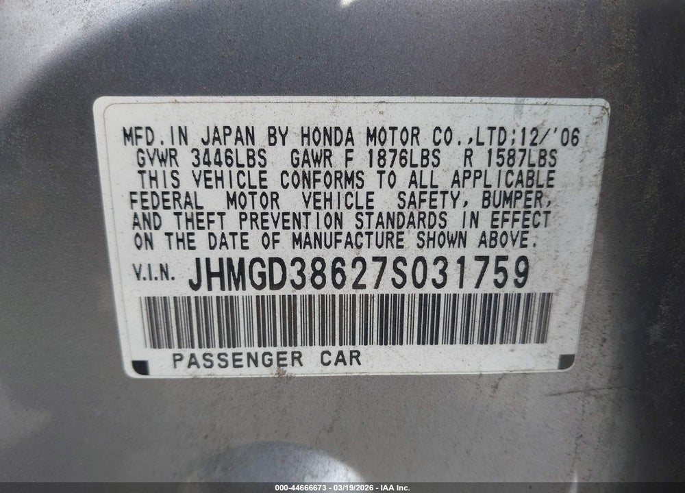 2007 HONDA FIT SPORT VIN: JHMGD38627S031759