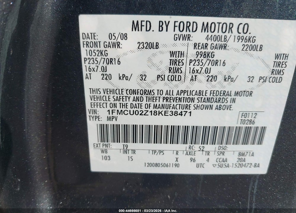 2008 FORD ESCAPE XLS VIN: 1FMCU02Z18KE38471