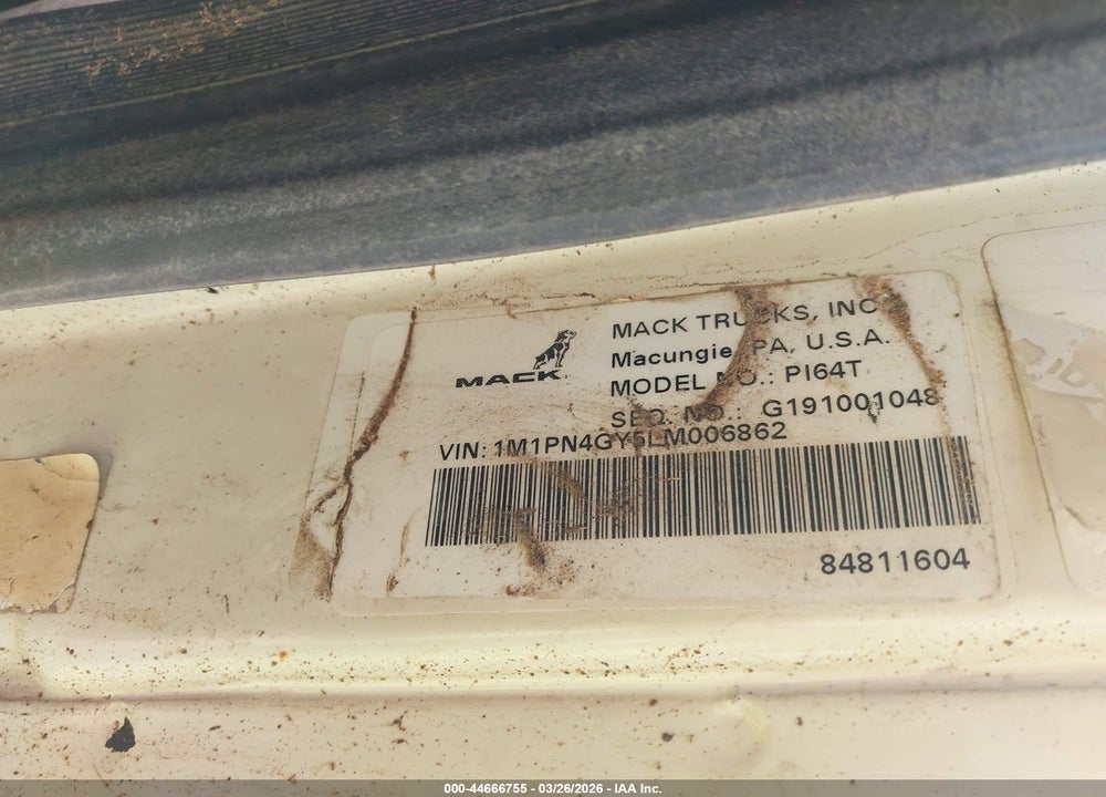 2020 MACK PINNACLE VIN: 1M1PN4GY5LM006862