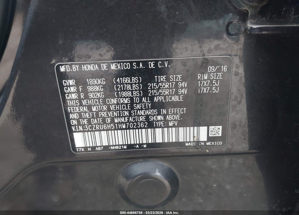 2017 HONDA HR-V EX VIN: 3CZRU6H51HM702362