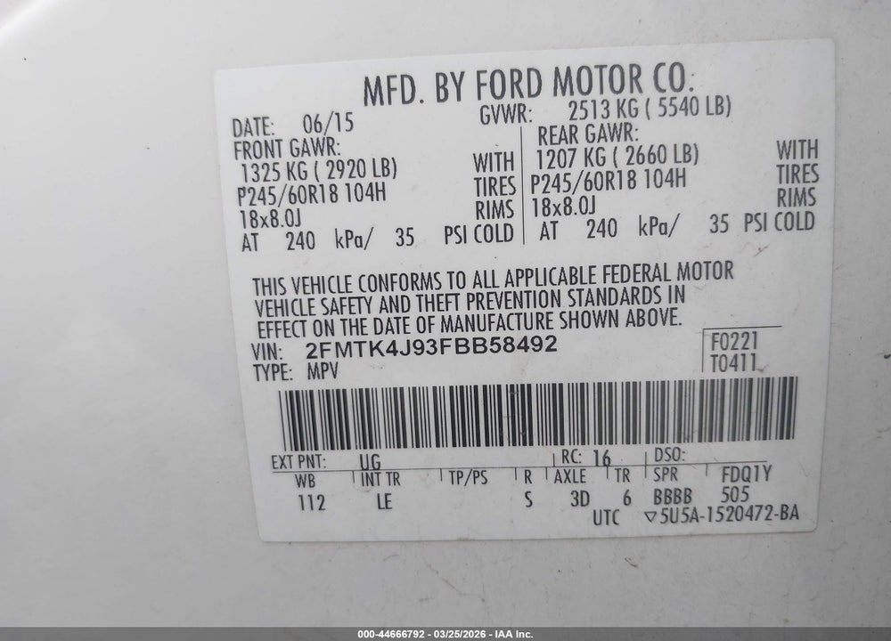 2015 FORD EDGE SEL VIN: 2FMTK4J93FBB58492