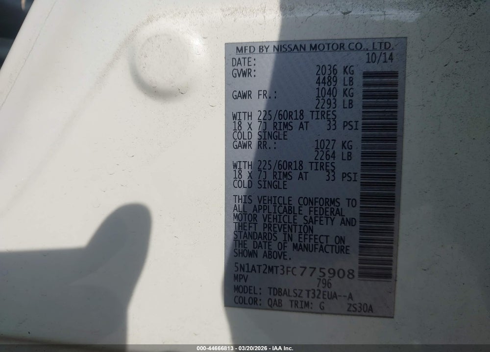 2015 NISSAN ROGUE SL VIN: 5N1AT2MT3FC775908