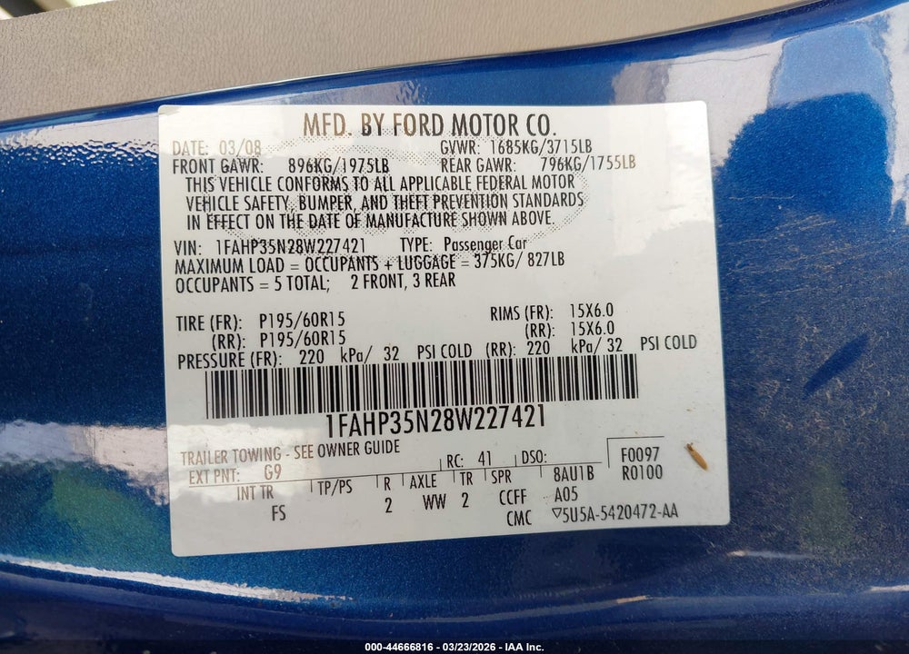 2008 FORD FOCUS SE/SES VIN: 1FAHP35N28VV22742