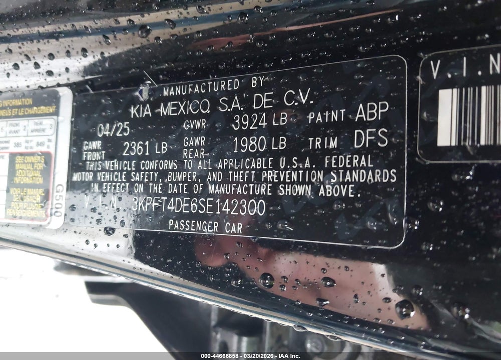 2025 KIA K4 LXS VIN: 3KPFT4DE6SE142300