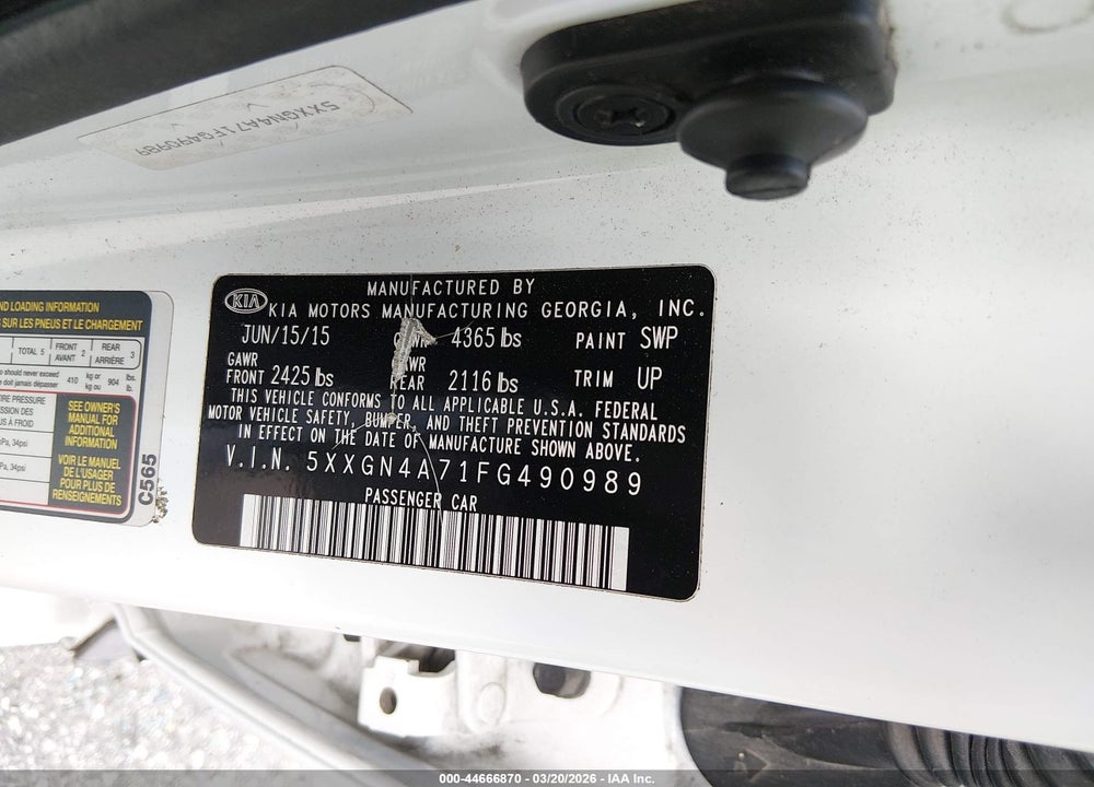 2015 KIA OPTIMA EX VIN: 5XXGN4A71FG490989