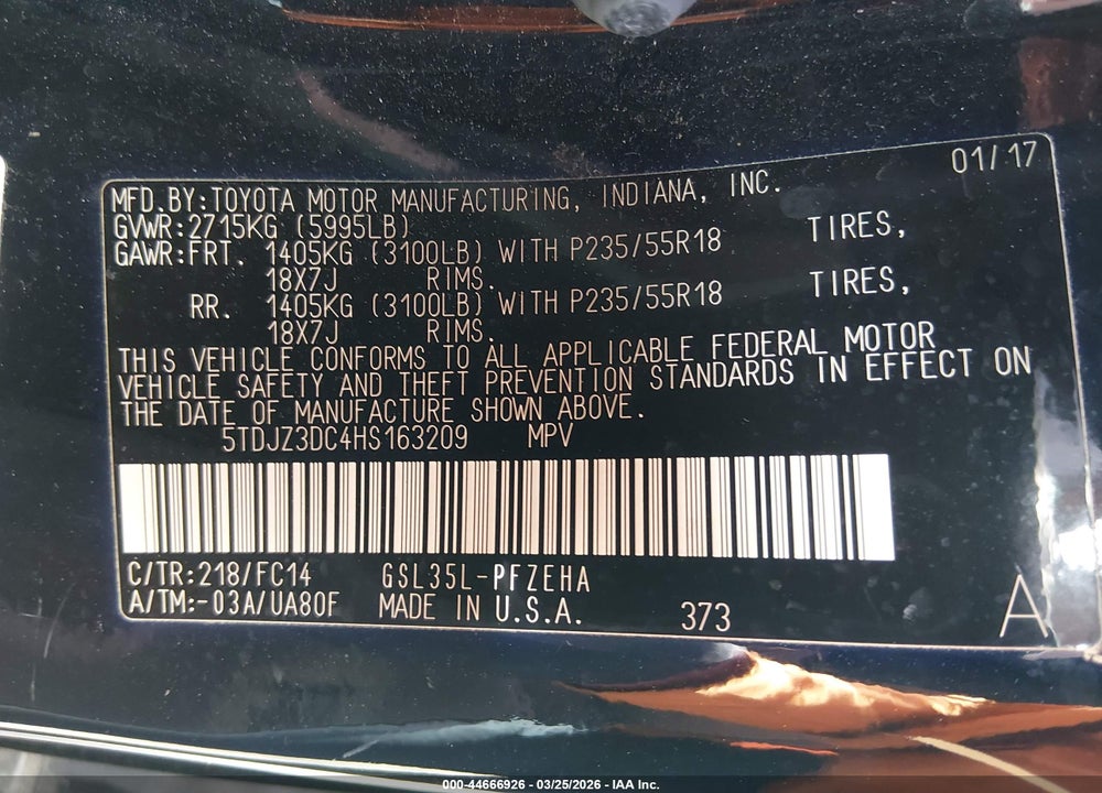 2017 TOYOTA SIENNA LE 7 PASSENGER VIN: 5TDJZ3DC4HS163209