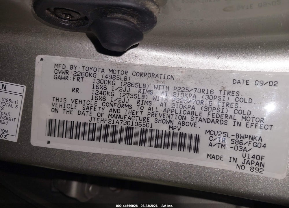 2003 TOYOTA HIGHLANDER V6 VIN: JTEHF21A730106501