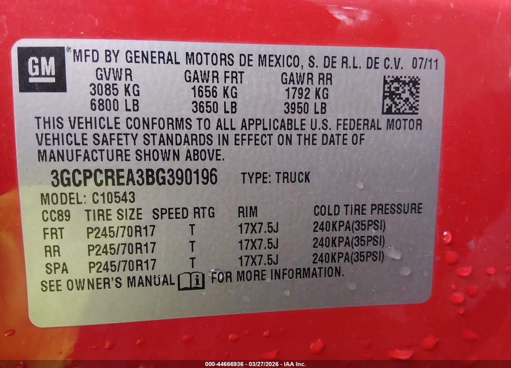 2011 CHEVROLET SILVERADO 1500 LS VIN: 3GCPCREA3BG390196