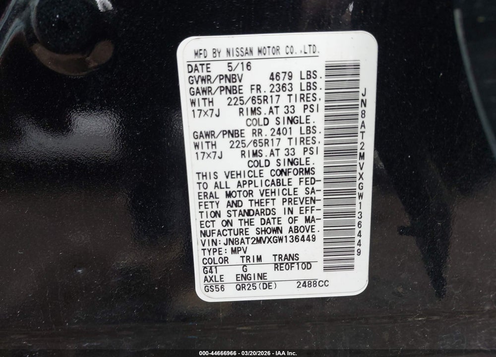 2016 NISSAN ROGUE S VIN: JN8AT2MVXGW136449