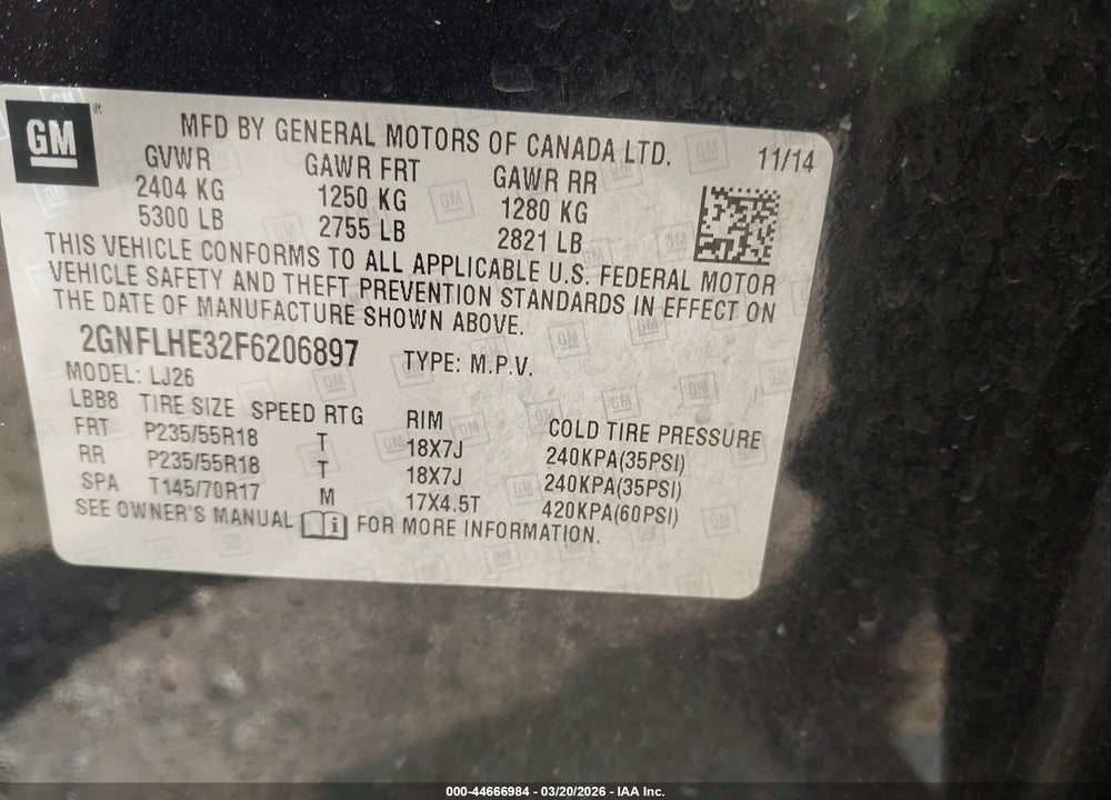 2015 CHEVROLET EQUINOX LTZ VIN: 2GNFLHE32F6206897