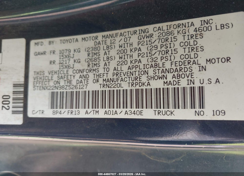 2008 TOYOTA TACOMA VIN: 5TENX22N98Z526127