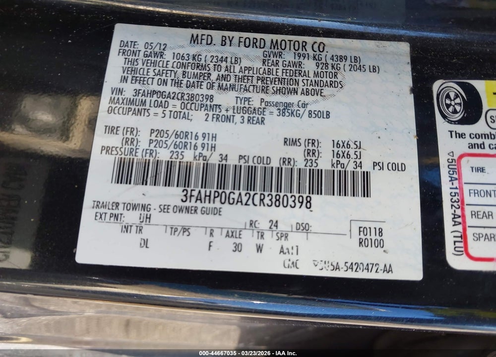 2012 FORD FUSION S VIN: 3FAHP0GA2CR380398