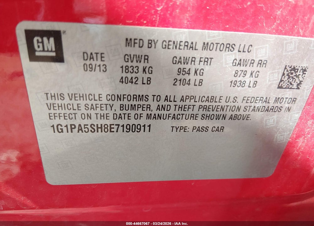 2014 CHEVROLET CRUZE LS AUTO VIN: 1G1PA5SH8E7190911