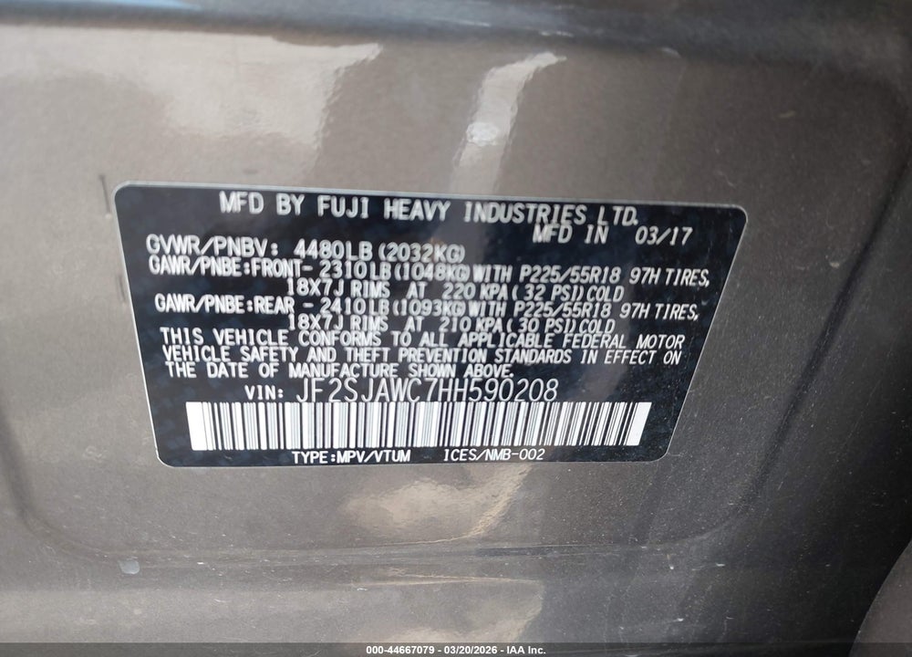 2017 SUBARU FORESTER 2.5I TOURING VIN: JF2SJAWC7HH590208