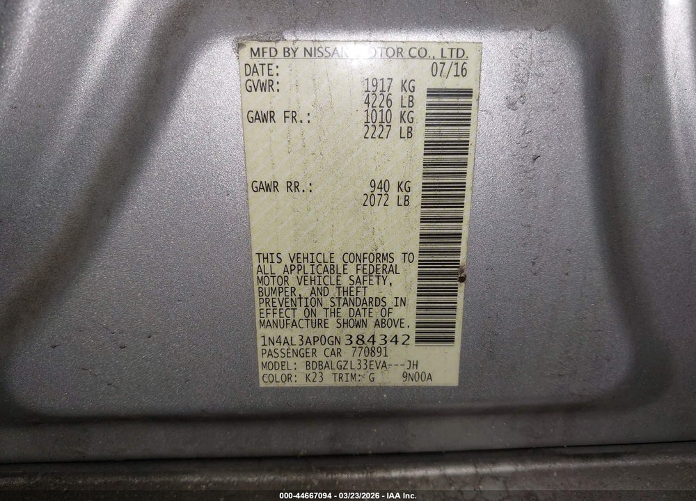 2016 NISSAN ALTIMA 2.5 S VIN: 1N4AL3AP0GN384342