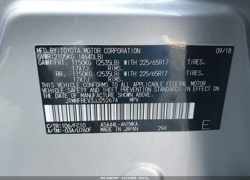 2018 TOYOTA RAV4 XLE VIN: JTMRFREV3JJ252674