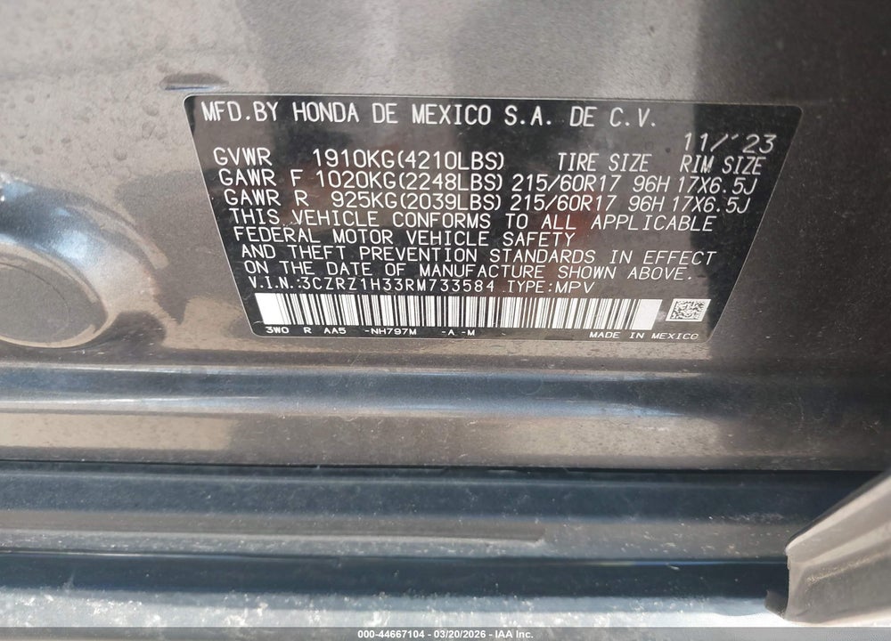 2024 HONDA HR-V 2WD LX VIN: 3CZRZ1H33RM733584