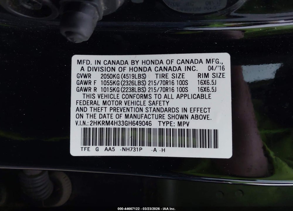 2016 HONDA CR-V LX VIN: 2HKRM4H33GH649046