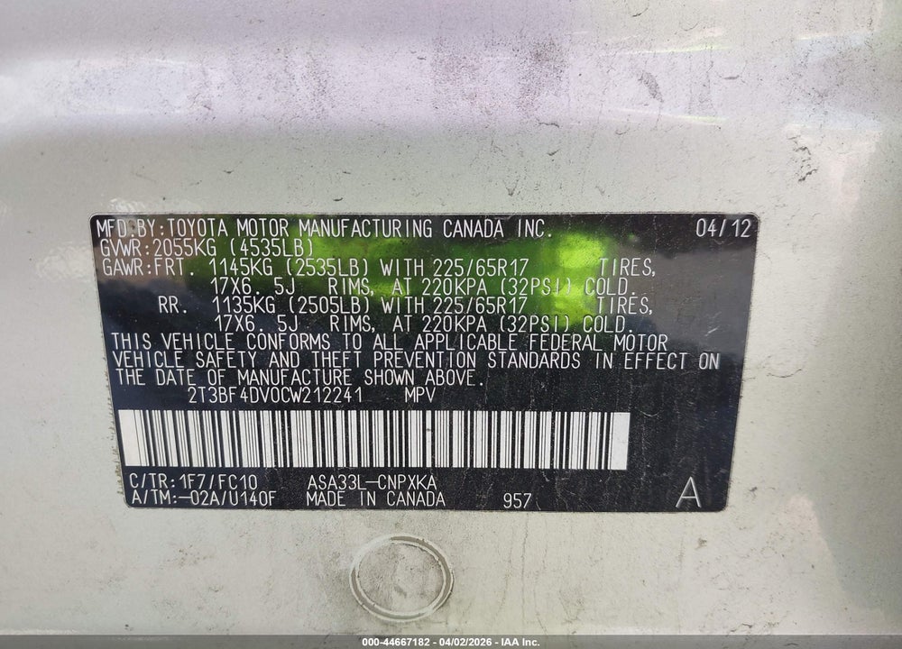 2012 TOYOTA RAV4 VIN: 2T3BF4DV0CW212241