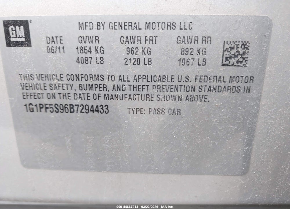 2011 CHEVROLET CRUZE 1LT VIN: 1G1PF5S96B7294433