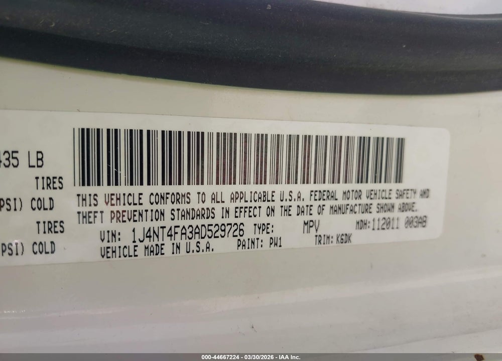 2010 JEEP COMPASS SPORT VIN: 1J4NT4FA3AD529726