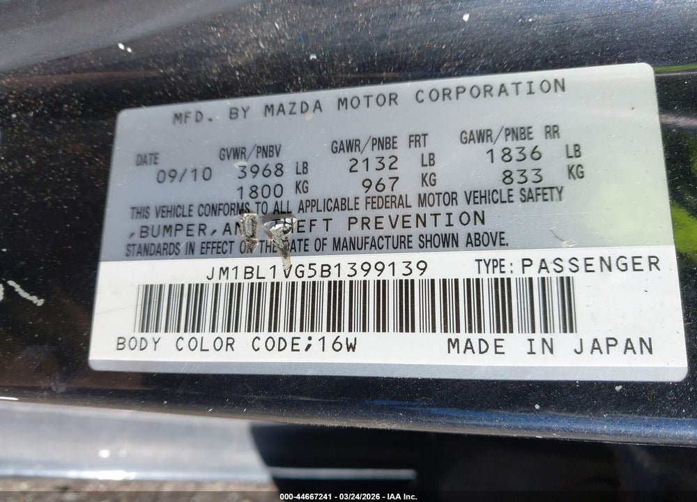2011 MAZDA 3 I TOURING VIN: JM1BL1VG5B1399139