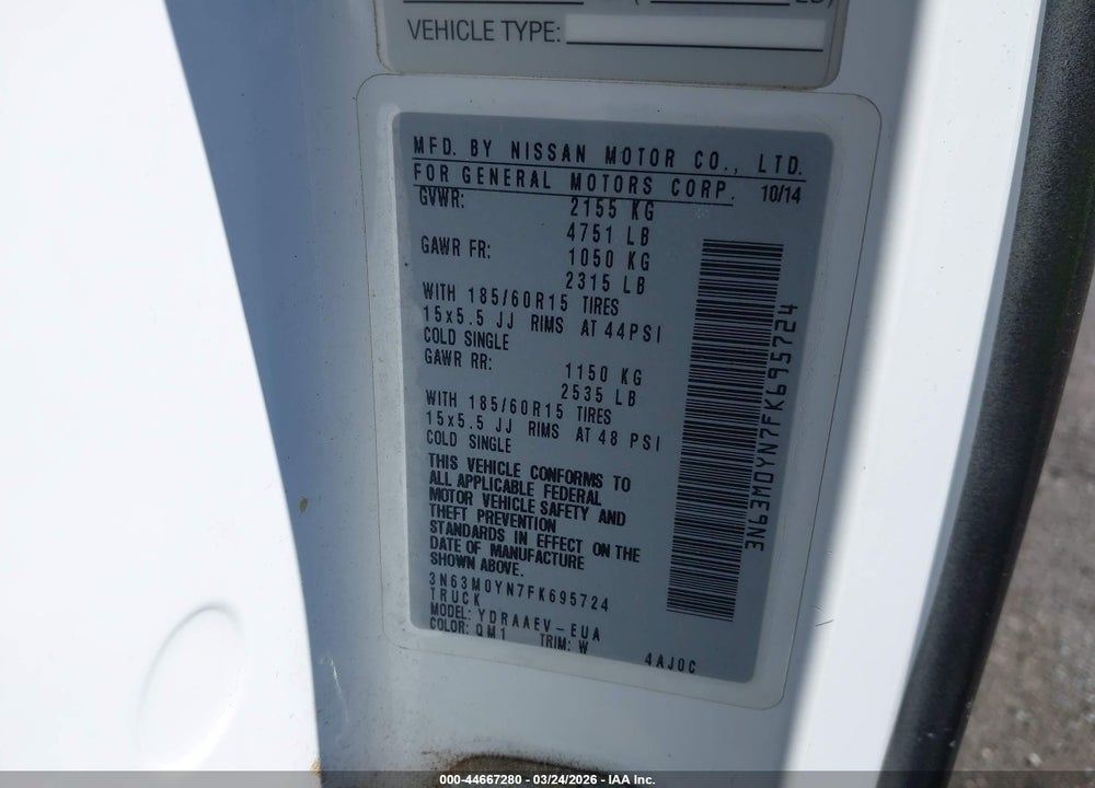 2015 CHEVROLET CITY EXPRESS 1LS VIN: 3N63M0YN7FK695724
