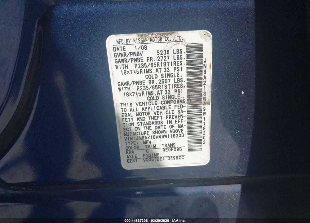 2009 NISSAN MURANO S VIN: JN8AZ18W49W118303