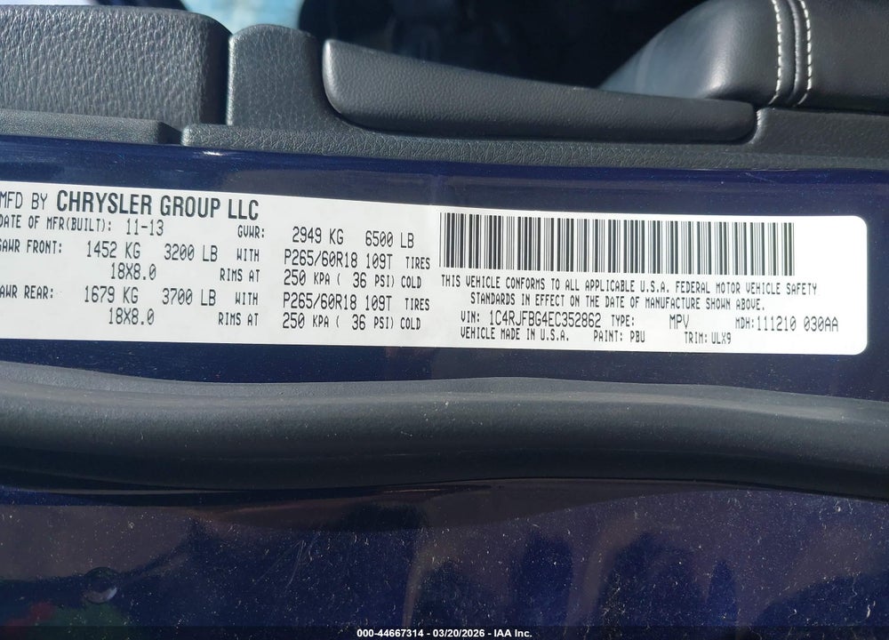 2014 JEEP GRAND CHEROKEE LIMITED VIN: 1C4RJFBG4EC352862