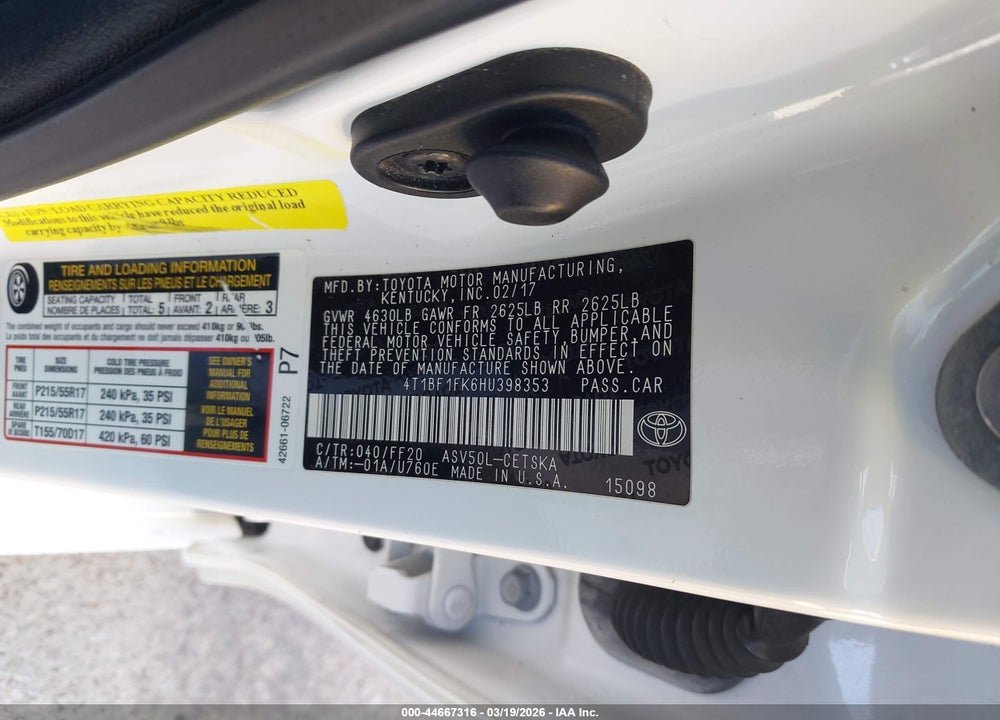 2017 TOYOTA CAMRY SE VIN: 4T1BF1FK6HU398353