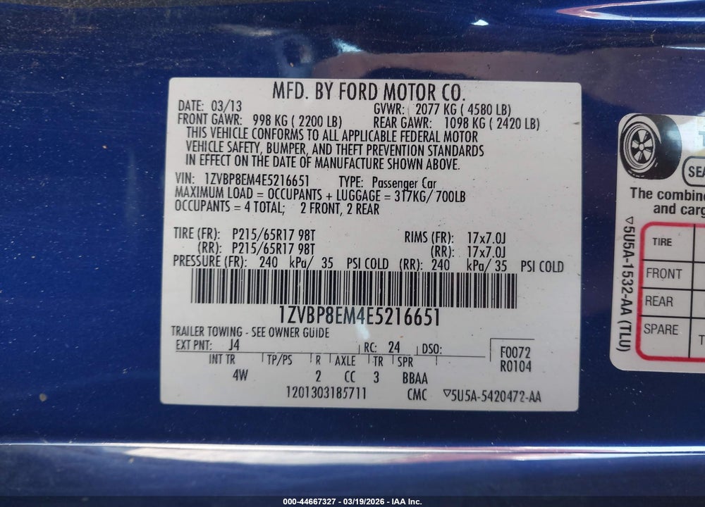2014 FORD MUSTANG V6 PREMIUM VIN: 1ZVBP8EM4E5216651