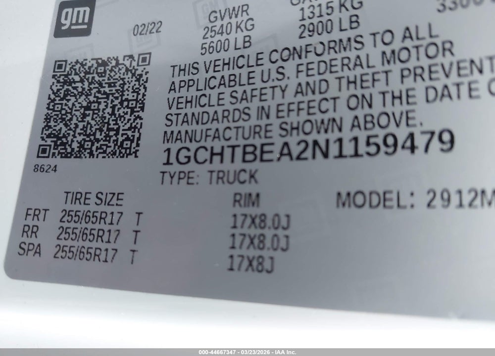 2022 CHEVROLET COLORADO 4WD  LONG BOX WT VIN: 1GCHTBEA2N1159479