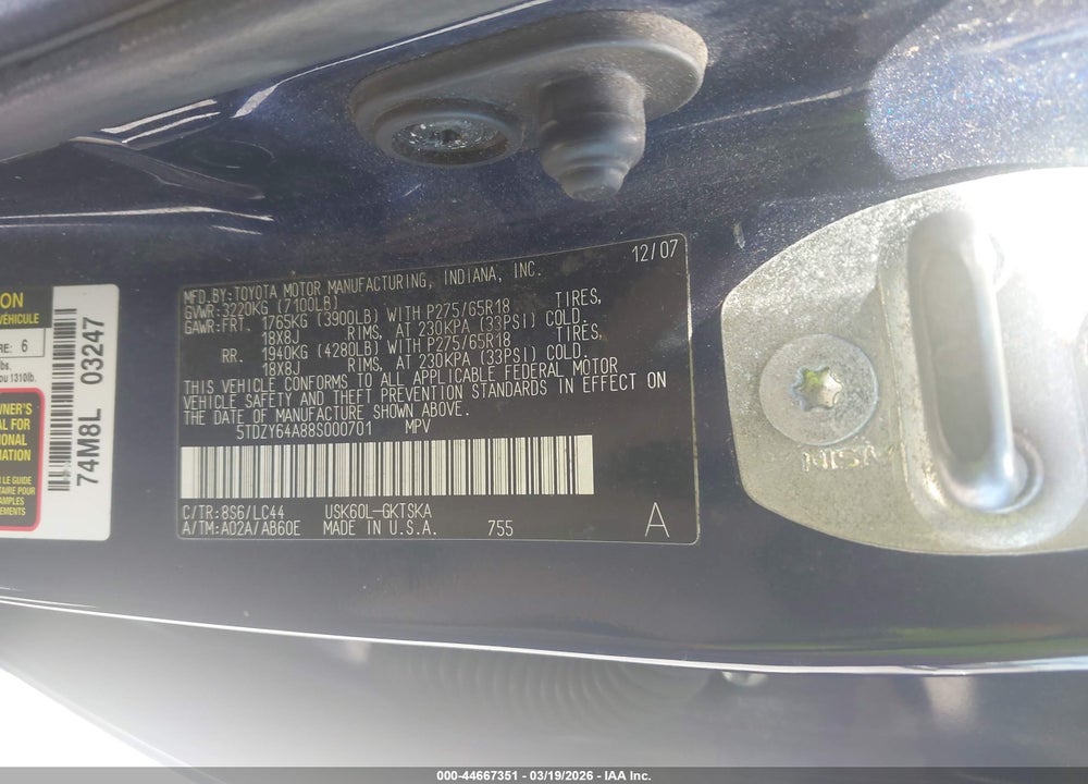 2008 TOYOTA SEQUOIA SR5 5.7L V8 VIN: 5TDZY64A88S000701