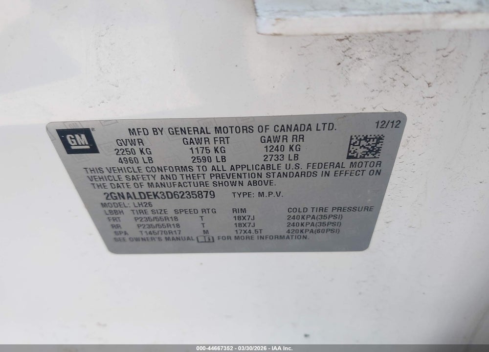 2013 CHEVROLET EQUINOX 1LT VIN: 2GNALDEK3D6235879