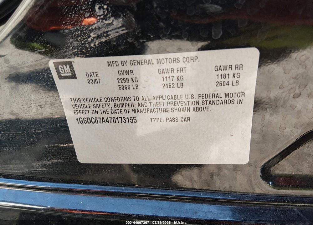 2007 CADILLAC STS V8 VIN: 1G6DC67A470173155
