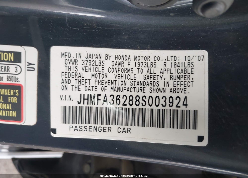 2008 HONDA CIVIC HYBRID VIN: JHMFA36288S003924