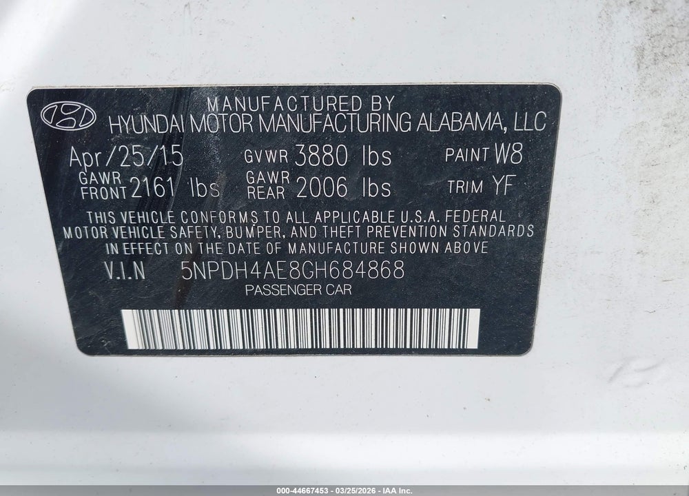2016 HYUNDAI ELANTRA SE VIN: 5NPDH4AE8GH684868