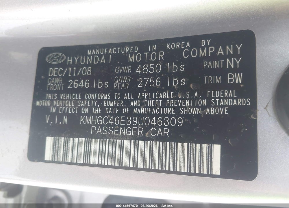 2009 HYUNDAI GENESIS 3.8 VIN: KMHGC46E39U046309
