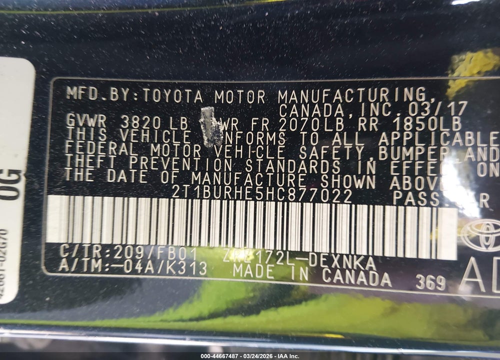 2017 TOYOTA COROLLA LE VIN: 2T1BURHE5HC877022