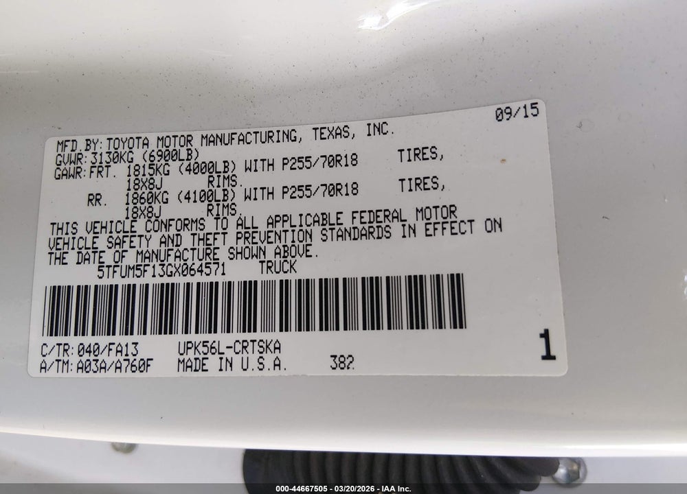 2016 TOYOTA TUNDRA SR 4.6L V8 VIN: 5TFUM5F13GX064571