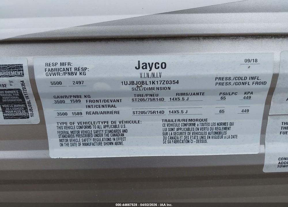 2019 JAYCO JAY FLIGHT SLX 212QB VIN: 1UJBJ0BL1K17Z0354