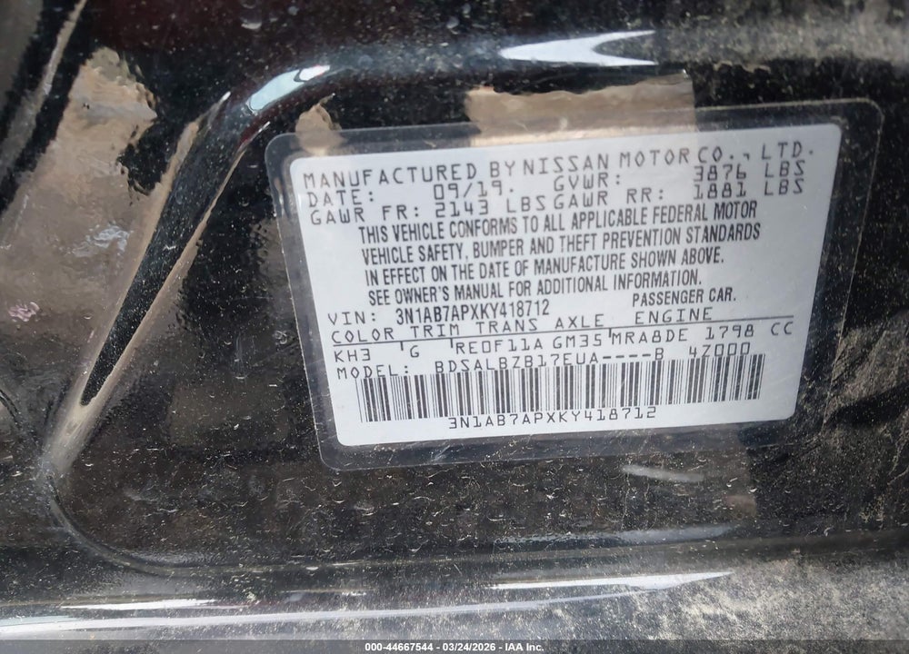 2019 NISSAN SENTRA S VIN: 3N1AB7APXKY418712