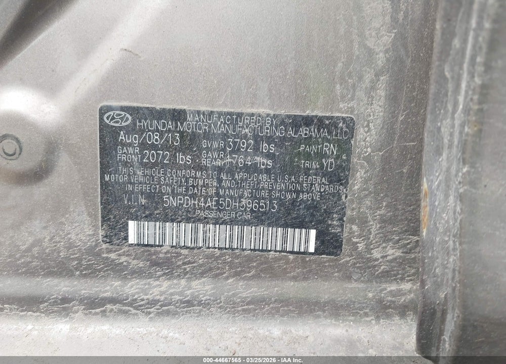 2013 HYUNDAI ELANTRA GLS VIN: 5NPDH4AE5DH396513