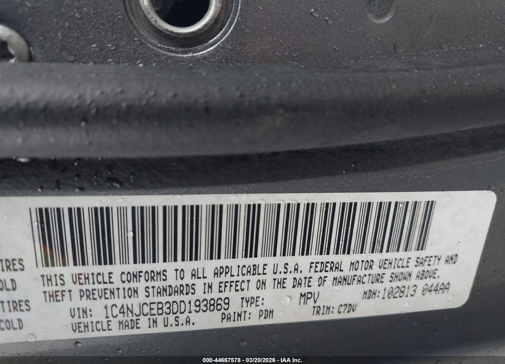 2013 JEEP COMPASS LATITUDE VIN: 1C4NJCEB3DD193869