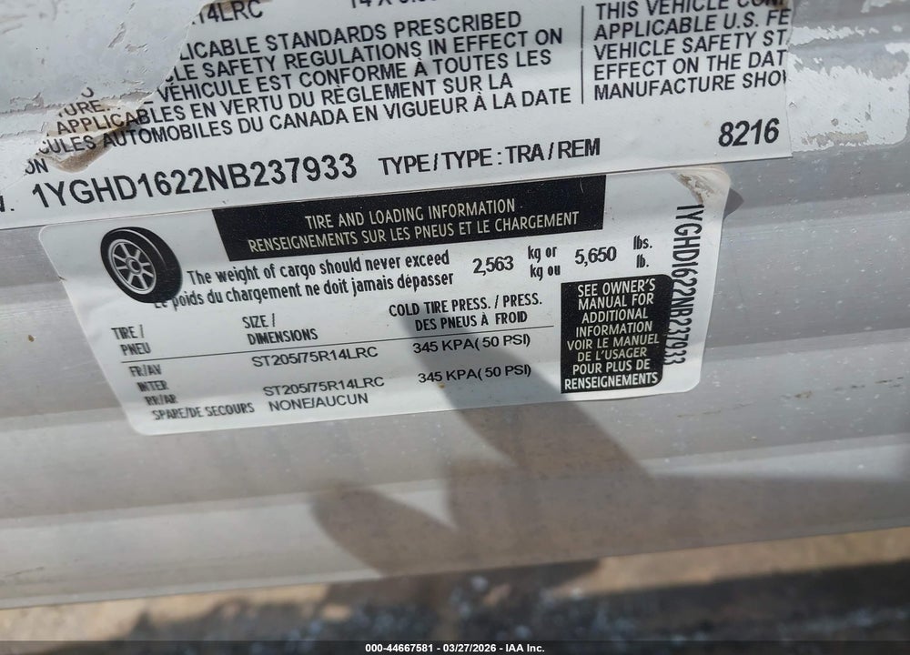 2022 ALUMATECH OTHER VIN: 1YGHD1622NB237933