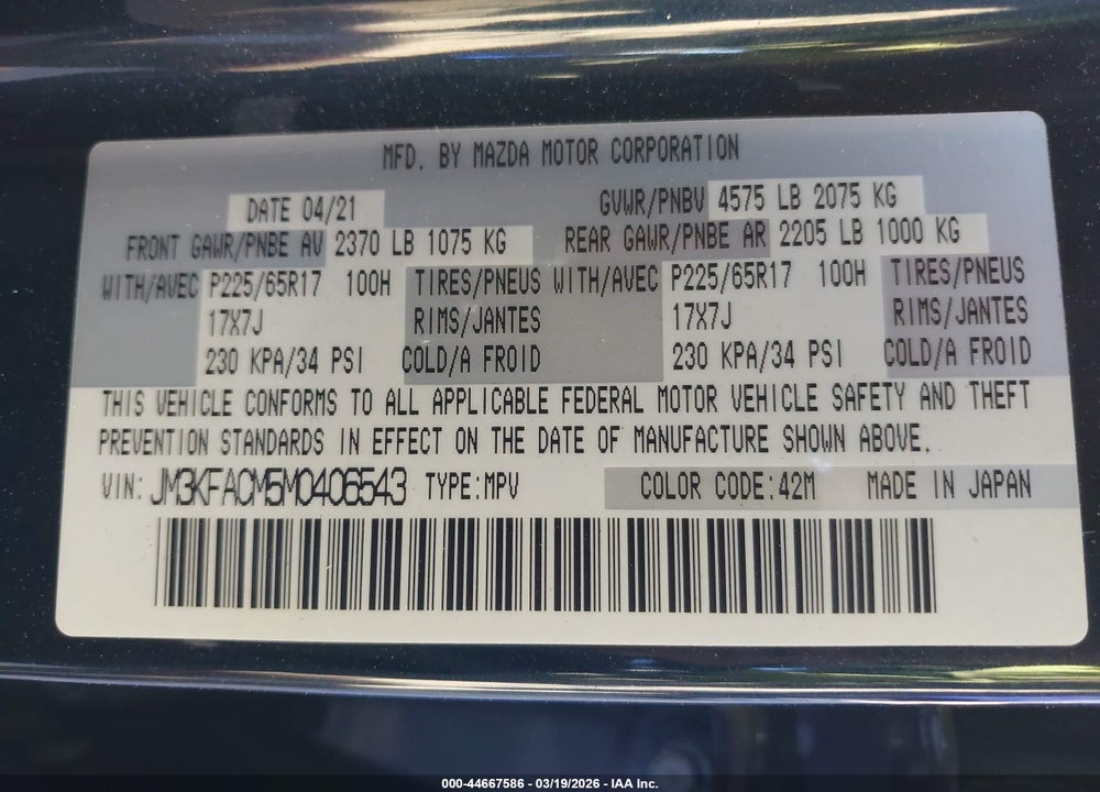 2021 MAZDA CX-5 TOURING VIN: JM3KFACM5M0406543