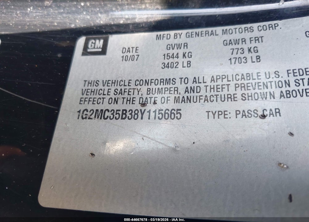 2008 PONTIAC SOLSTICE VIN: 1G2MC35B38Y115665