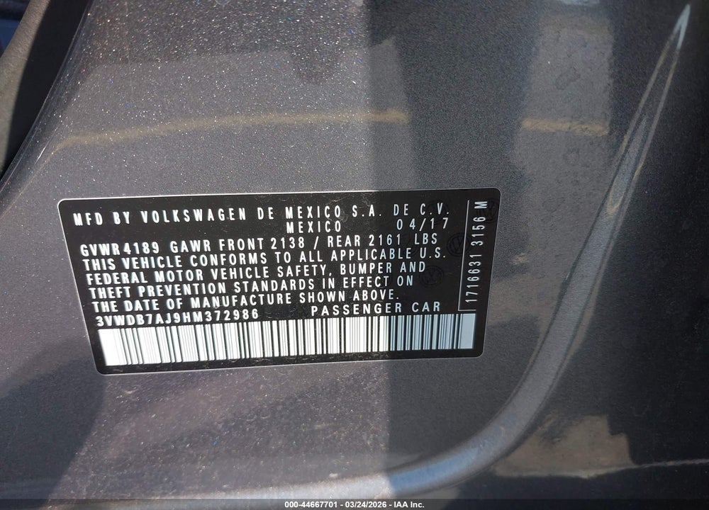 2017 VOLKSWAGEN JETTA 1.4T SE VIN: 3VWDB7AJ9HM372986